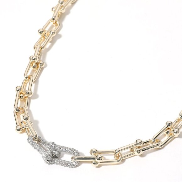 BACK IN STOCK! 14K Gold Plated CZ Two-Tone Stone Paved Hardware Chain Necklace - Picture 1 of 2